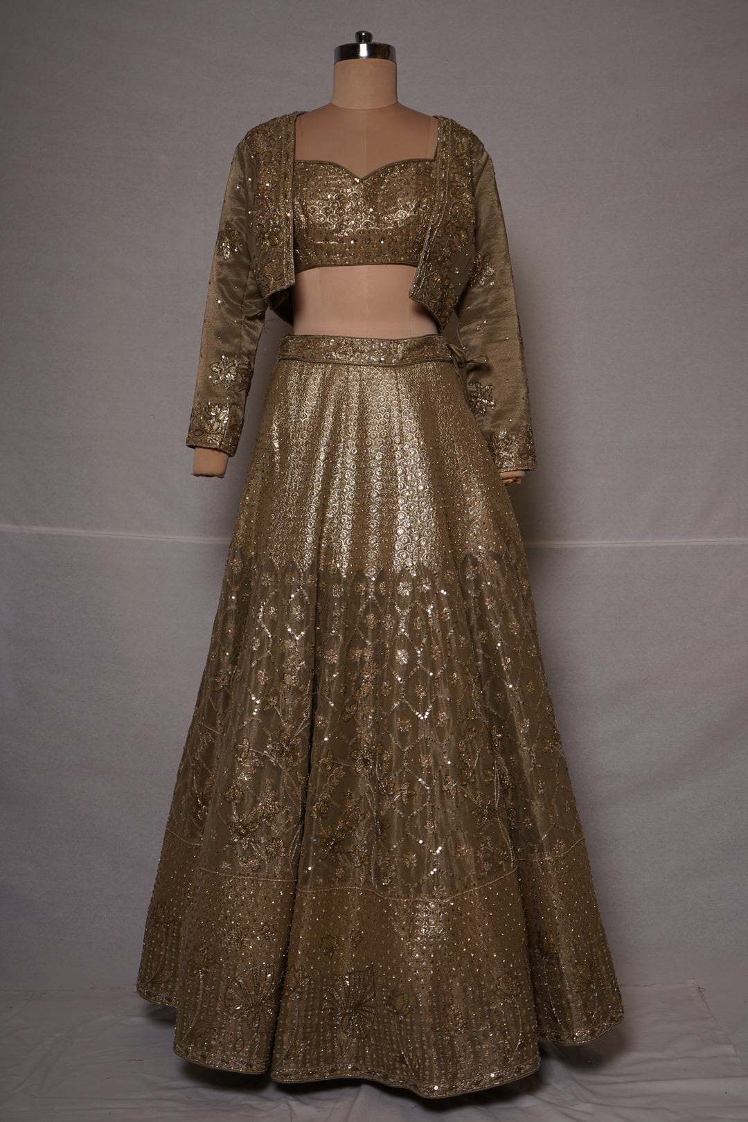 Champagne Gold Embroidered Lehenga Set with Designer Jacket