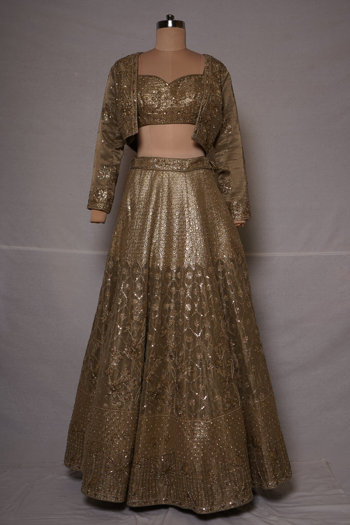 Champagne Gold Embroidered Lehenga Set with Designer Jacket
