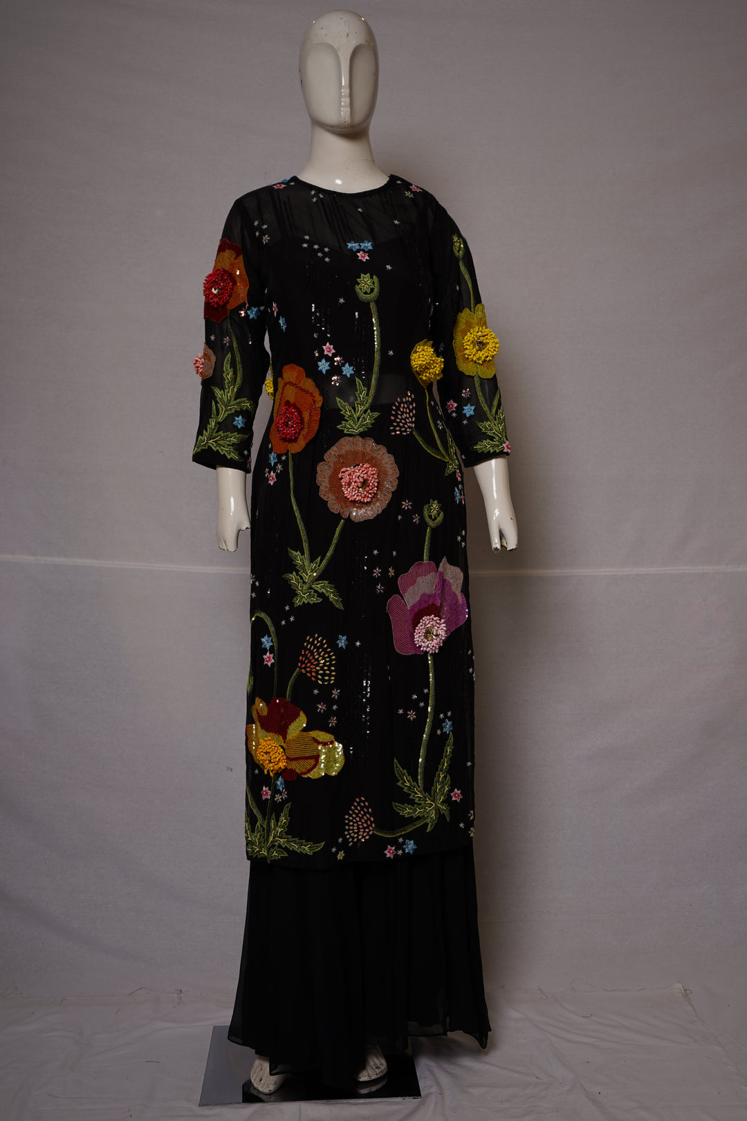 Black Floral Embroidered Kurta Set with Palazzo