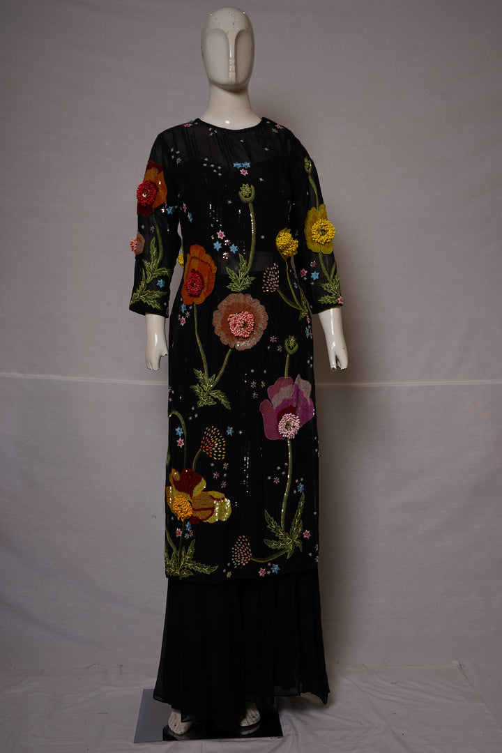 Black Floral Embroidered Kurta Set with Palazzo