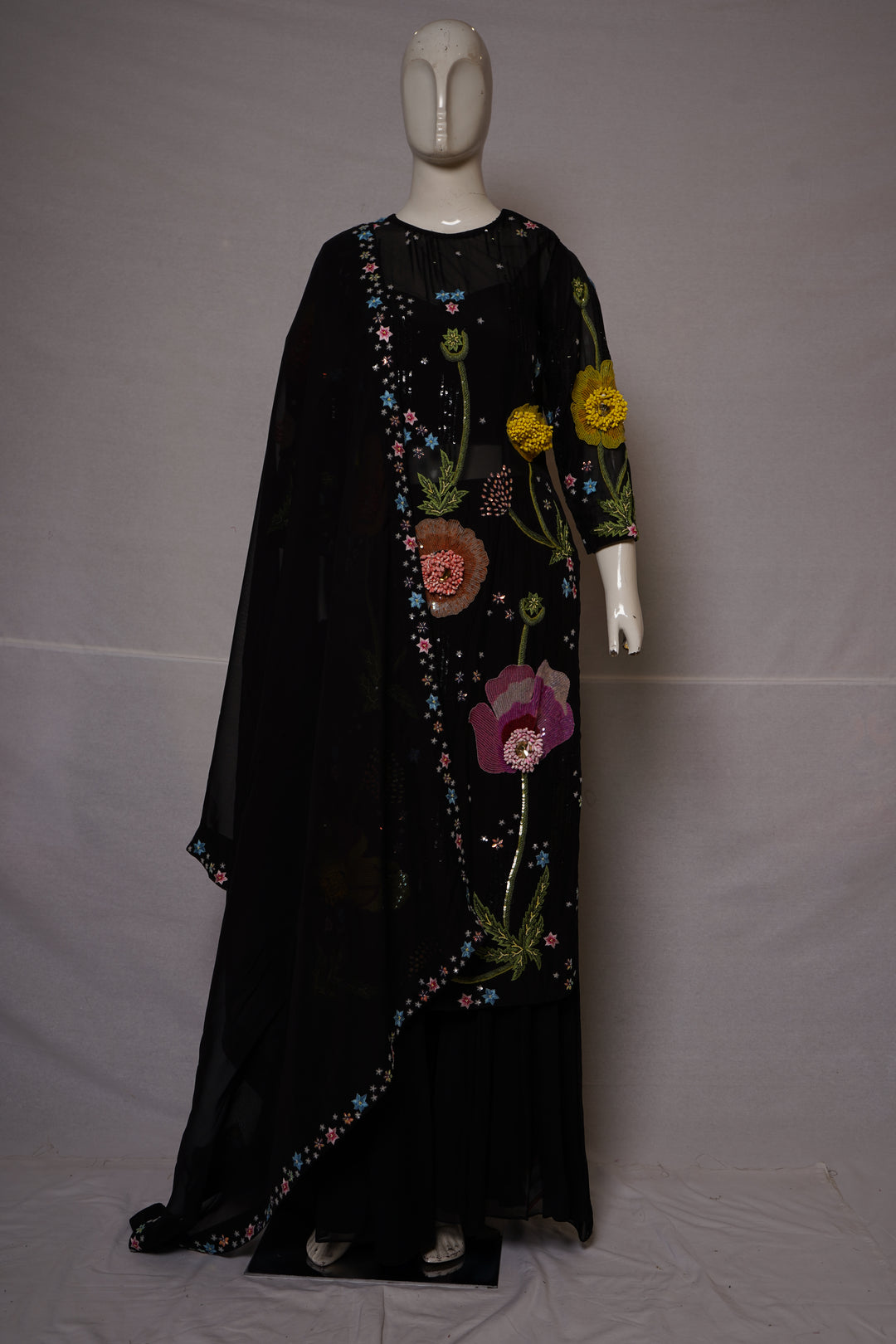 Black Floral Embroidered Kurta Set with Palazzo
