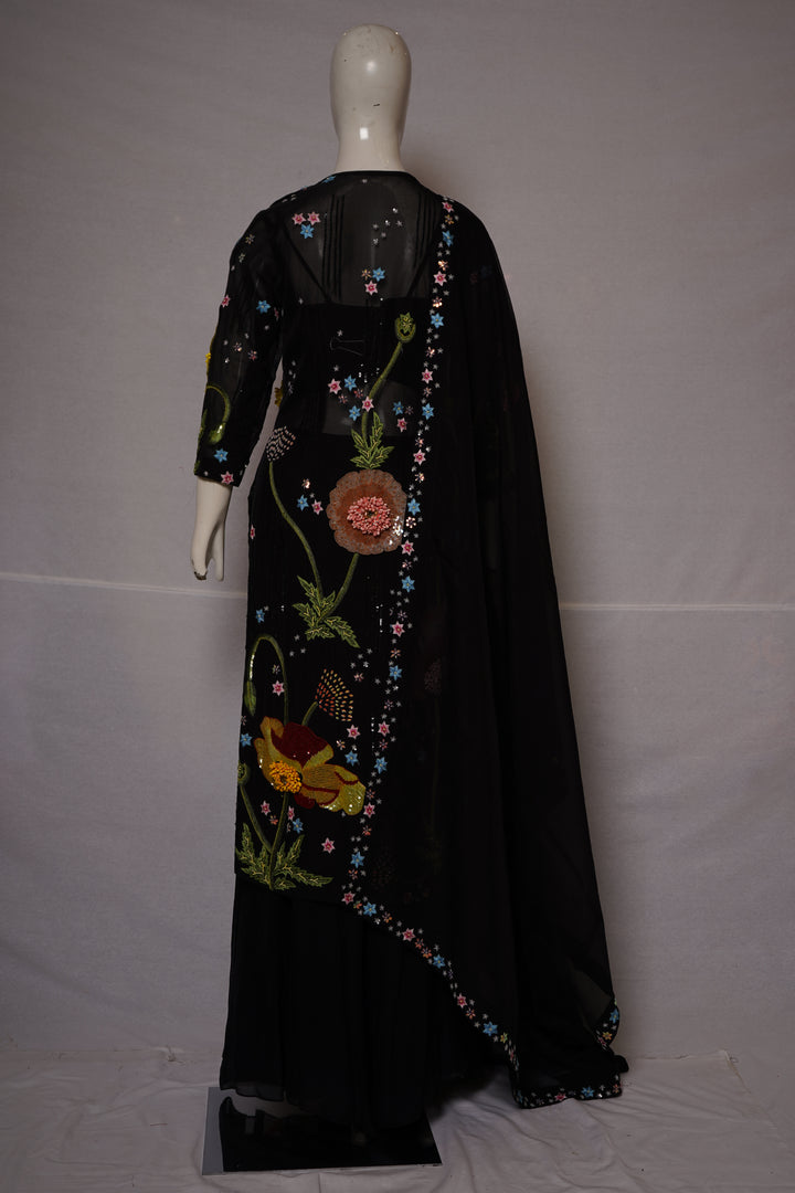 Black Floral Embroidered Kurta Set with Palazzo