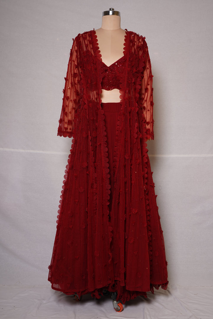 Ruby Red Embroidered Lehenga Set with Sheer Cape Jacket