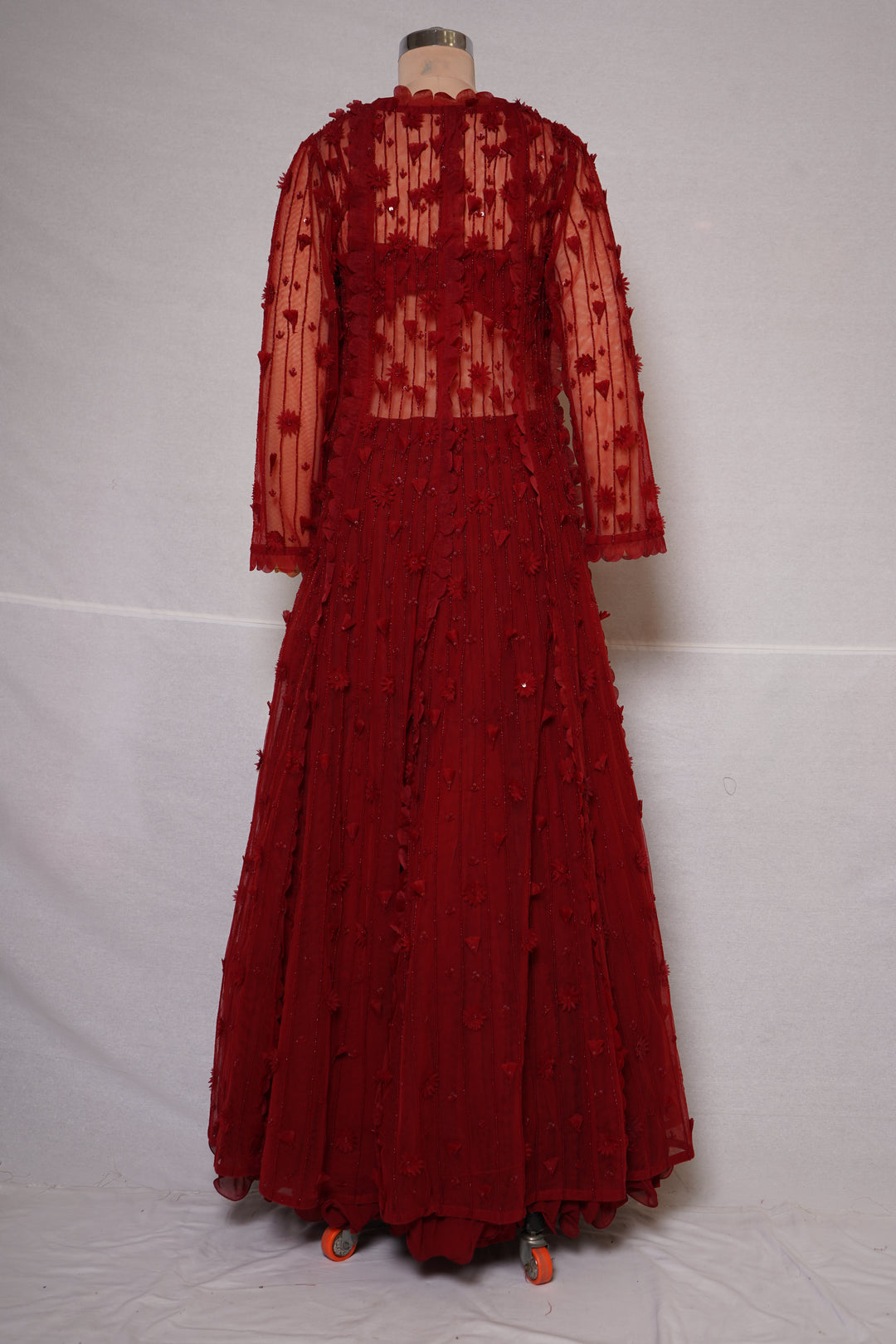 Ruby Red Embroidered Lehenga Set with Sheer Cape Jacket