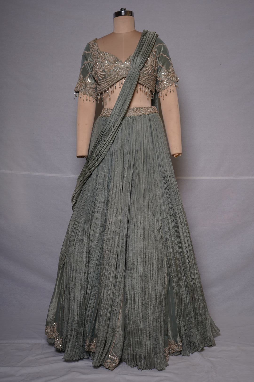 Dusty Sage Green Crushed Lehenga Set with Embroidered Blouse & Drape Dupatta