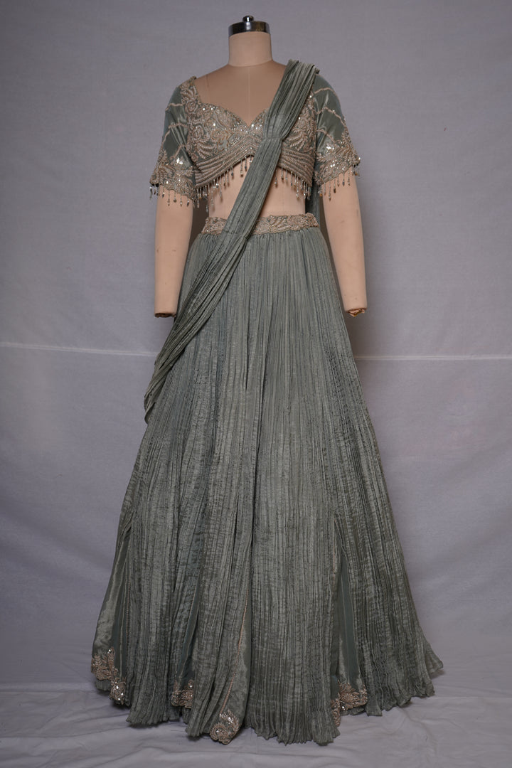 Dusty Sage Green Crushed Lehenga Set with Embroidered Blouse & Drape Dupatta