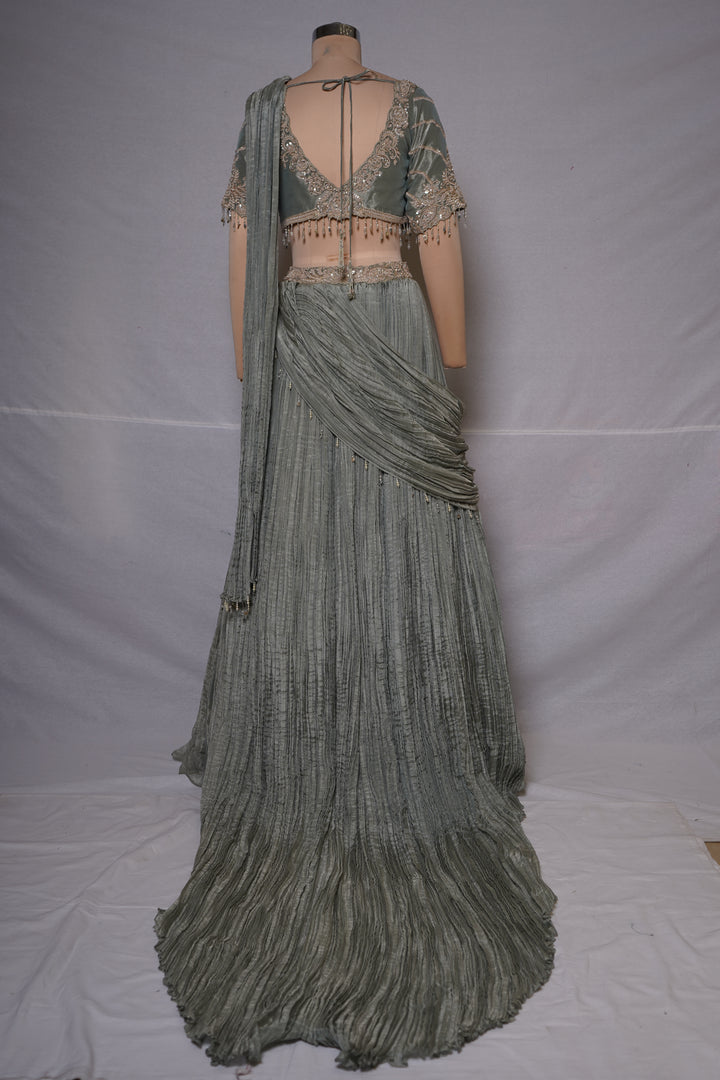 Dusty Sage Green Crushed Lehenga Set with Embroidered Blouse & Drape Dupatta