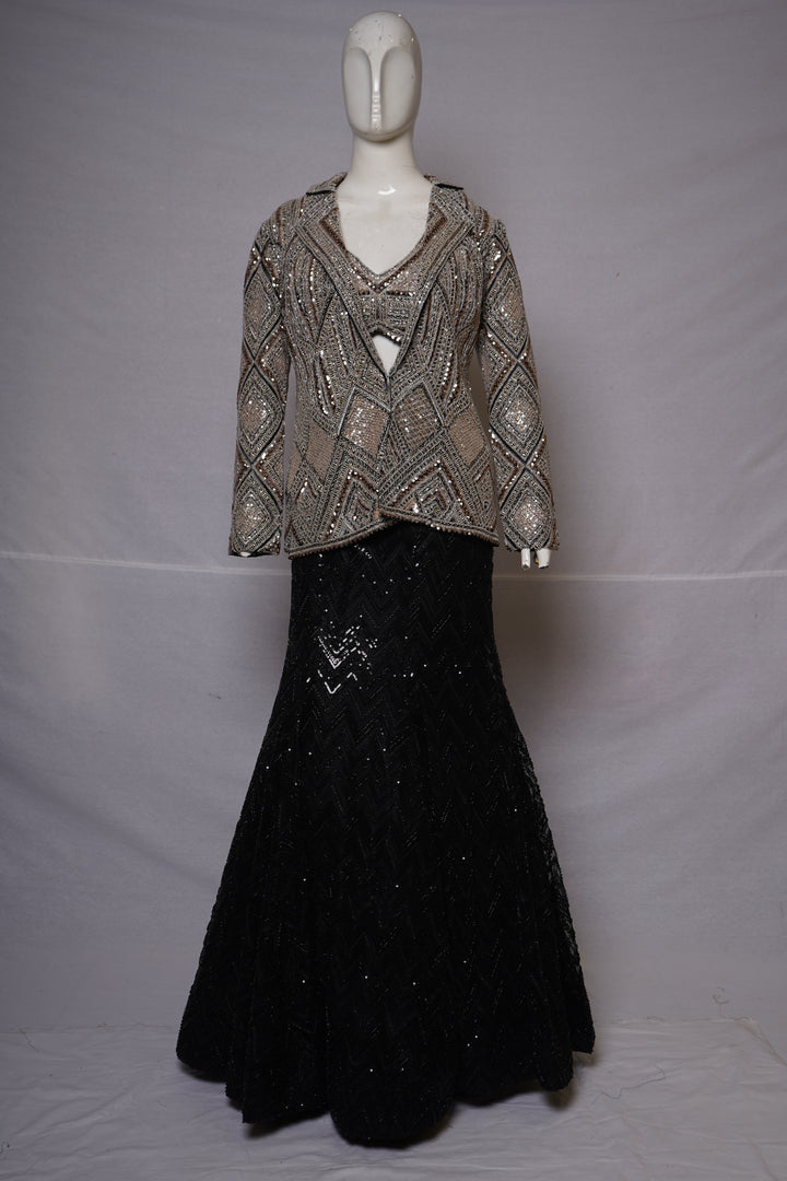 Silver Embellished Structured Jacket with Black Sequin Mermaid Skirt Set