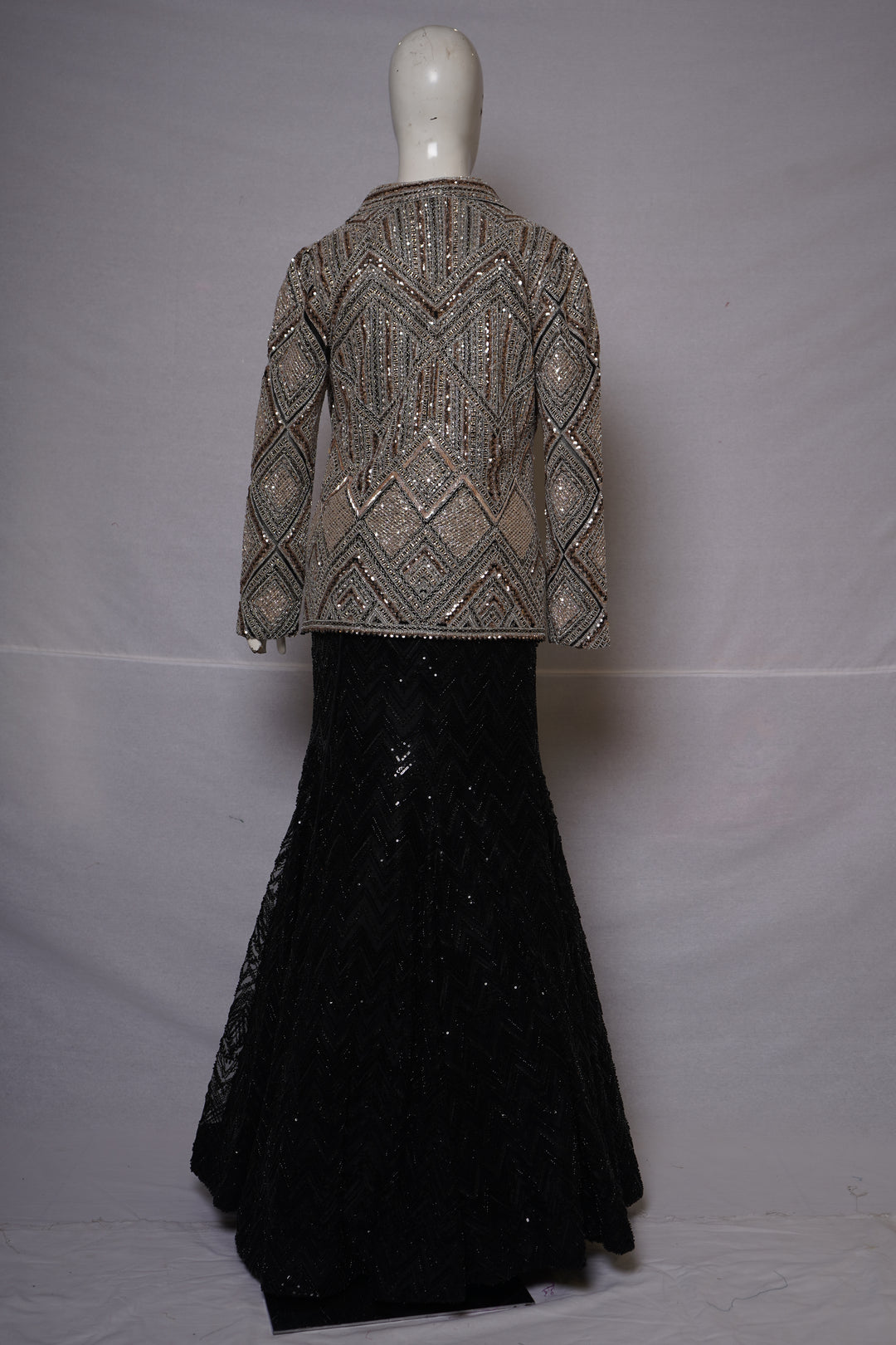 Silver Embellished Structured Jacket with Black Sequin Mermaid Skirt Set