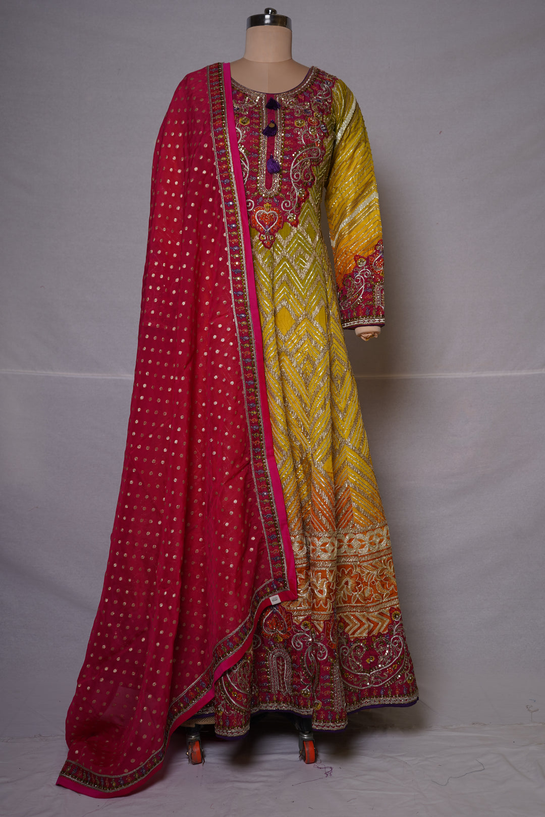 Sunshine Yellow & Rani Pink Embroidered Anarkali Gown with Designer Dupatt