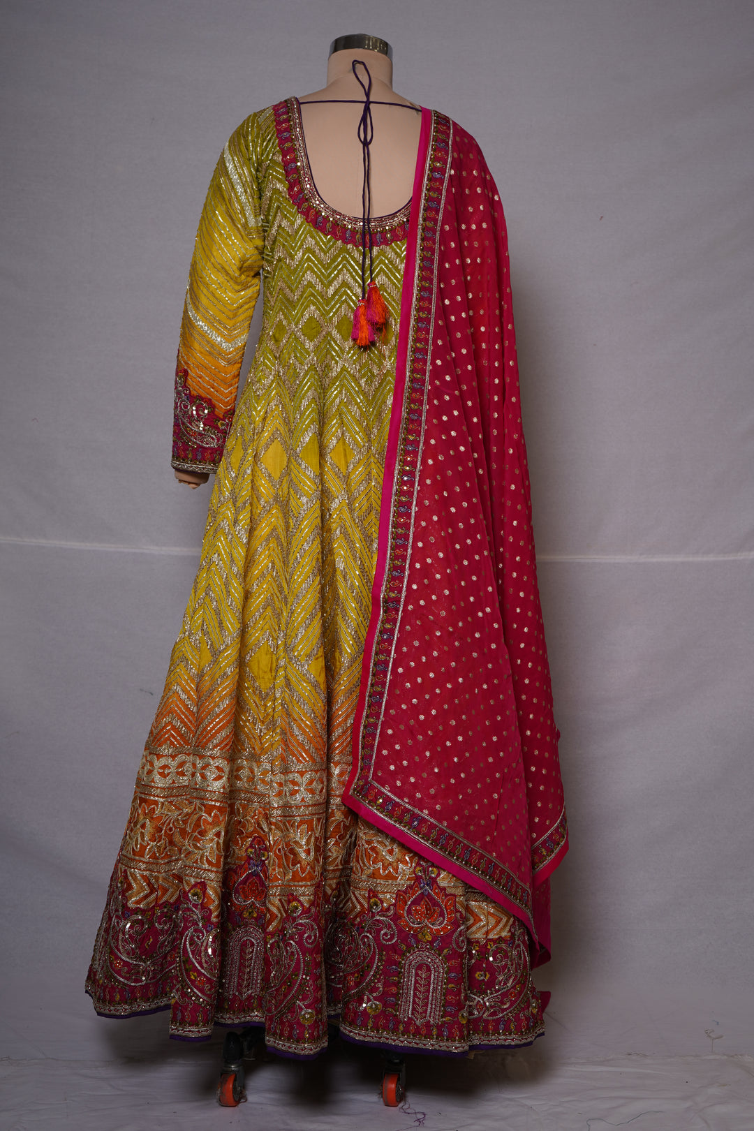 Sunshine Yellow & Rani Pink Embroidered Anarkali Gown with Designer Dupatt