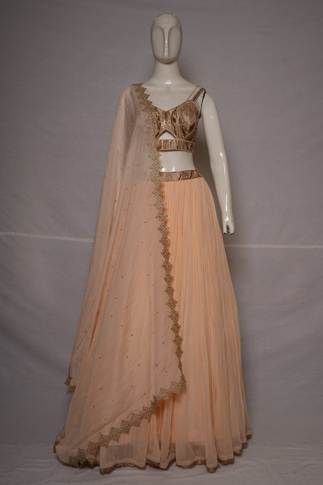 Peach Pleated Lehenga Set with Embroidered Bralette & Organza Dupatta