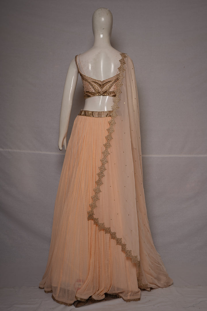 Peach Pleated Lehenga Set with Embroidered Bralette & Organza Dupatta