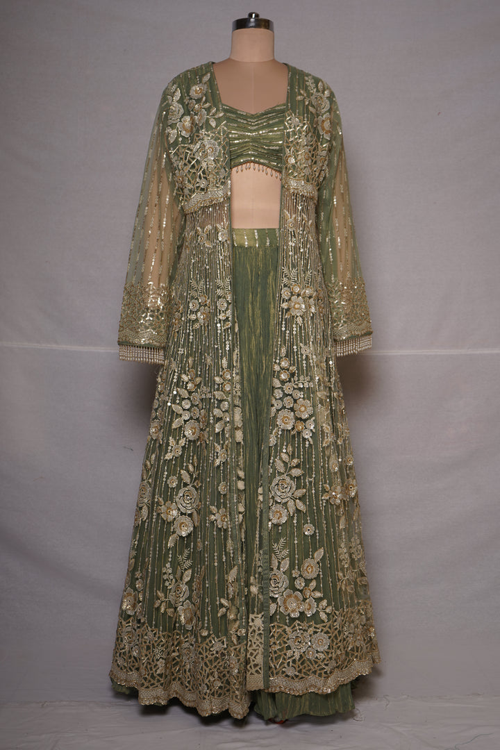 Sage Green Embroidered Jacket Style Lehenga Set with Bralette