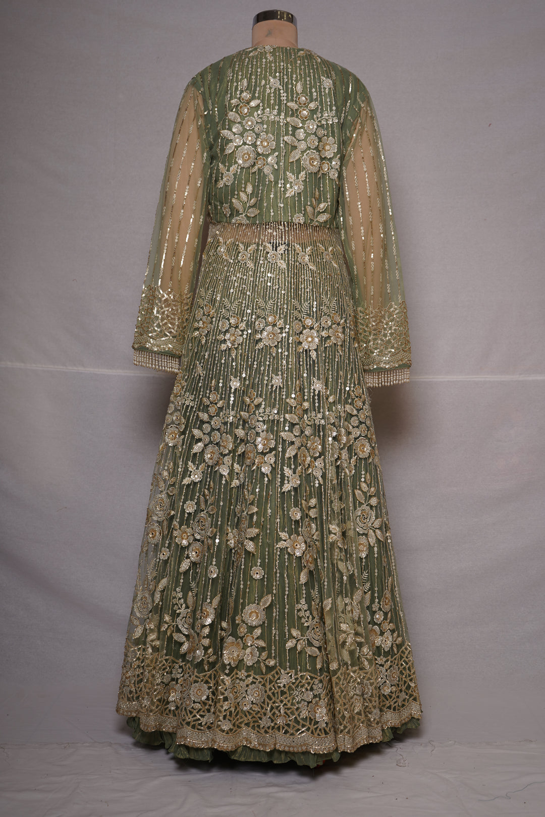 Sage Green Embroidered Jacket Style Lehenga Set with Bralette