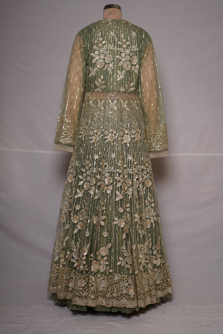 Sage Green Embroidered Jacket Style Lehenga Set with Bralette