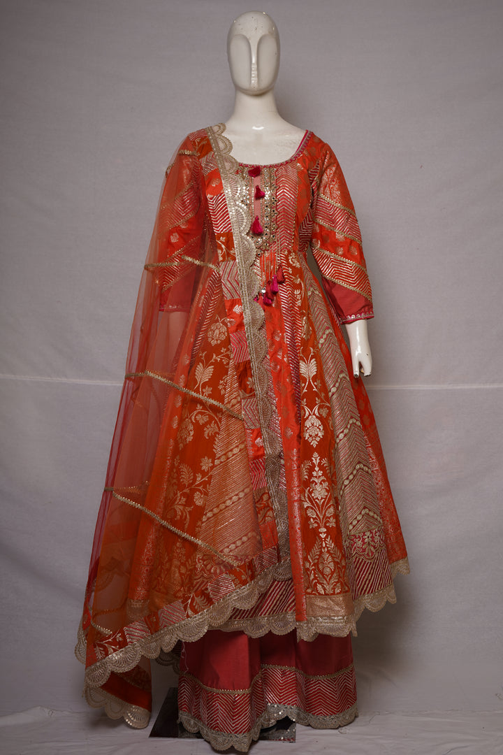 Vibrant Orange Banarasi Anarkali Suit Set with Sharara & Organza Dupatta