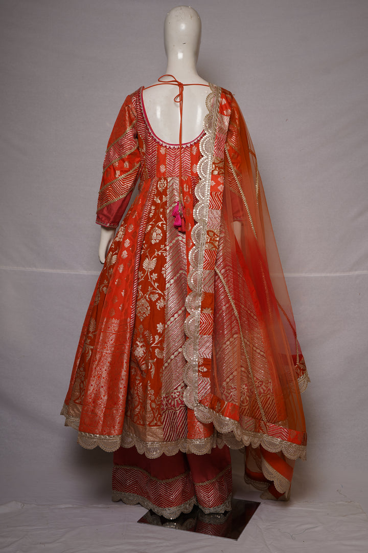 Vibrant Orange Banarasi Anarkali Suit Set with Sharara & Organza Dupatta