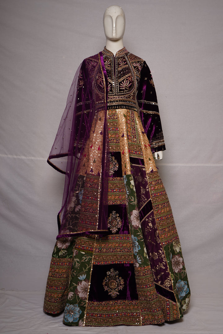 Royal Purple Velvet & Floral Panel Designer Lehenga Set with Embroidered Dupatta