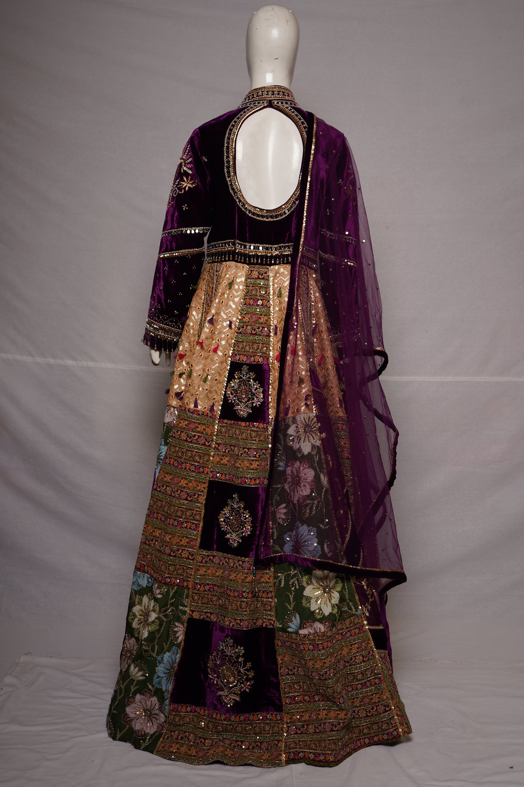 Royal Purple Velvet & Floral Panel Designer Lehenga Set with Embroidered Dupatta