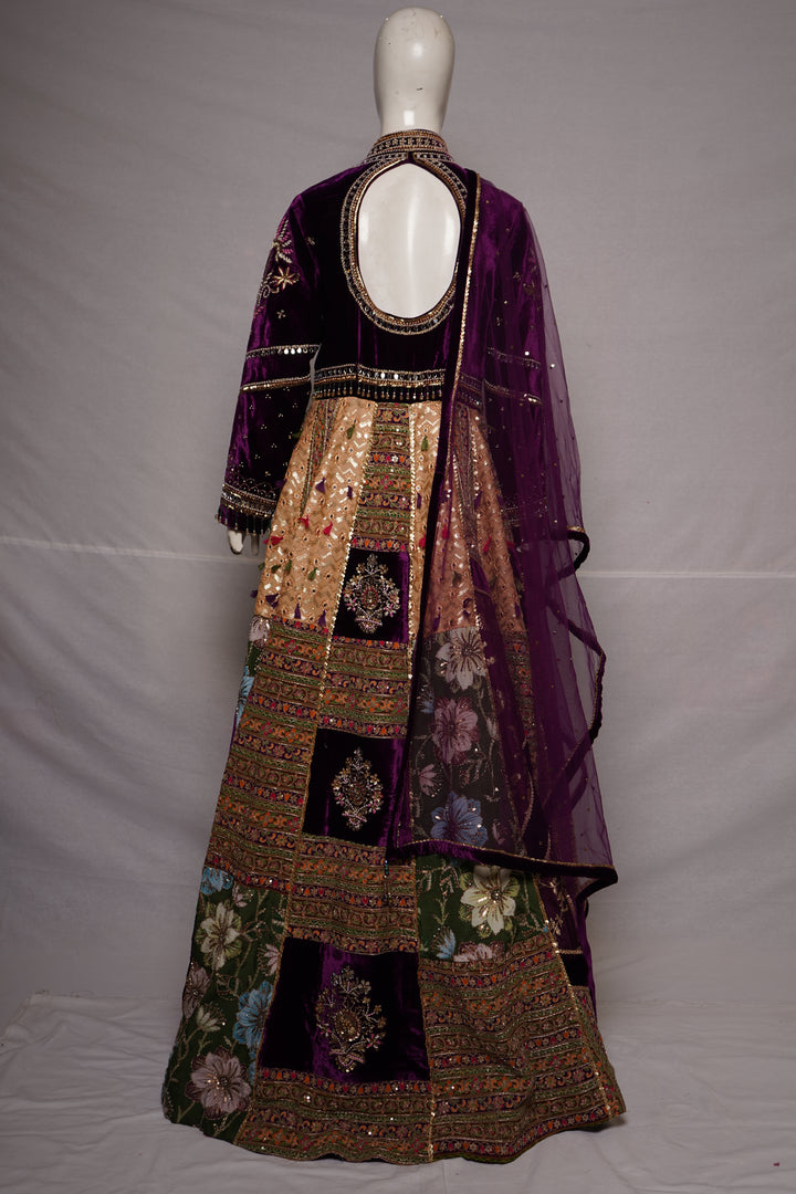 Royal Purple Velvet & Floral Panel Designer Lehenga Set with Embroidered Dupatta