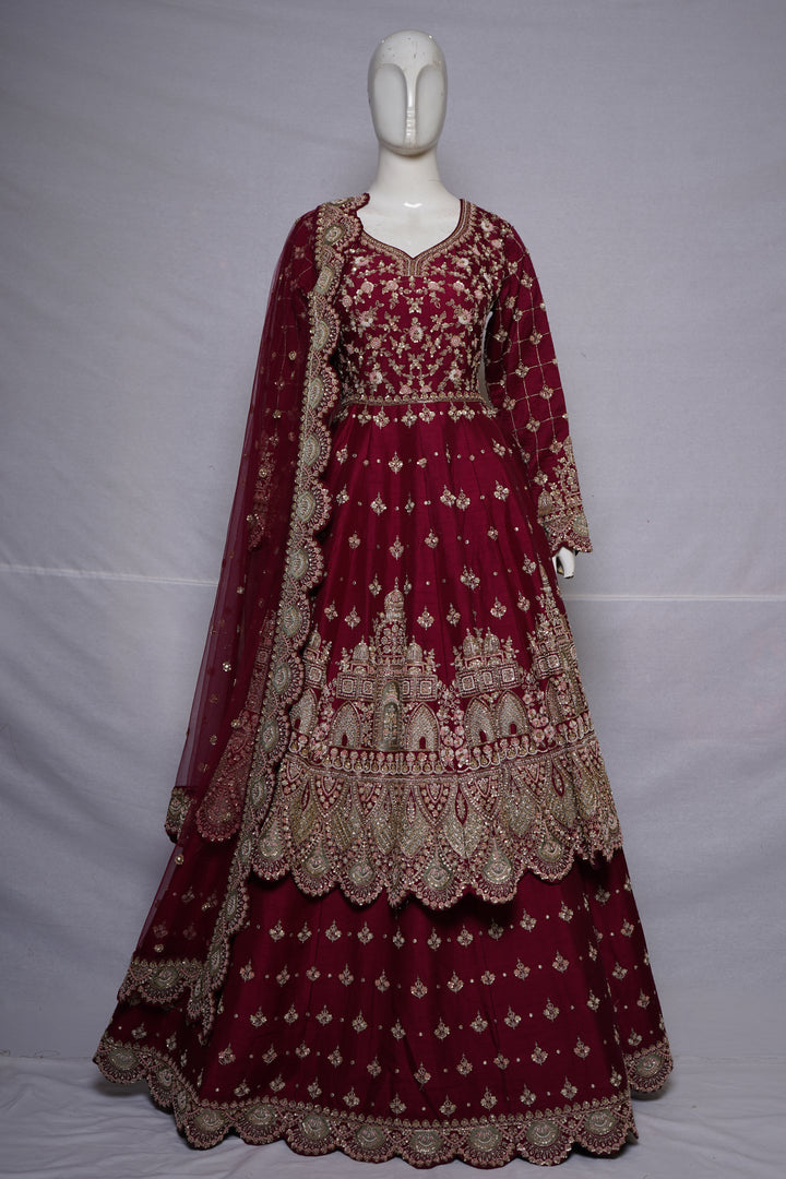 Wine Maroon Embroidered Anarkali Gown Set with Net Dupatta
