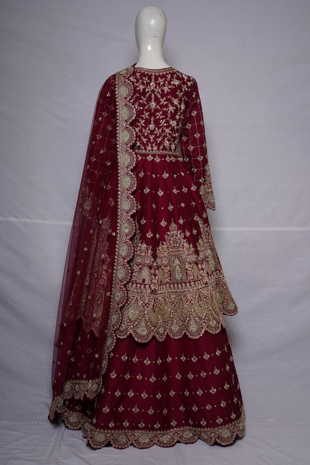 Wine Maroon Embroidered Anarkali Gown Set with Net Dupatta