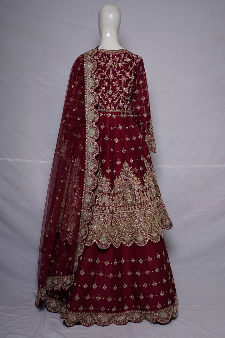 Wine Maroon Embroidered Anarkali Gown Set with Net Dupatta