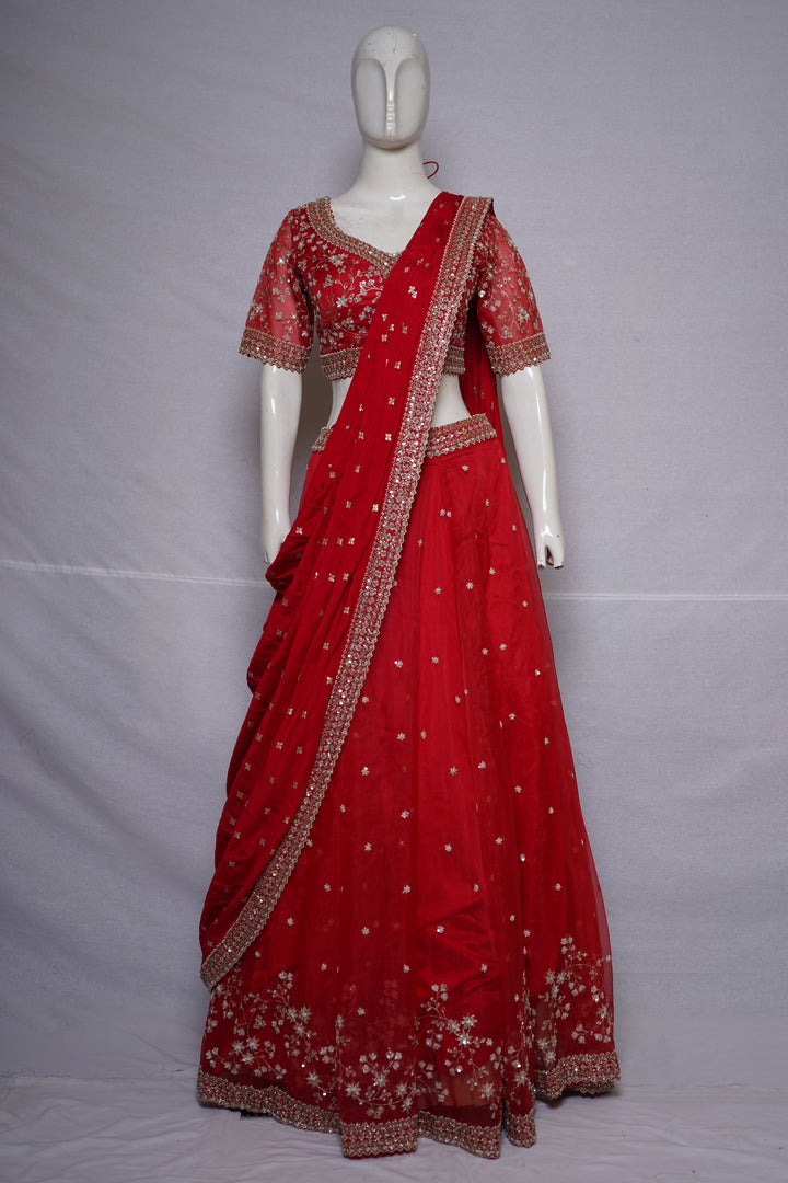 Ruby Red Embroidered Lehenga Choli Set with  Dupatta