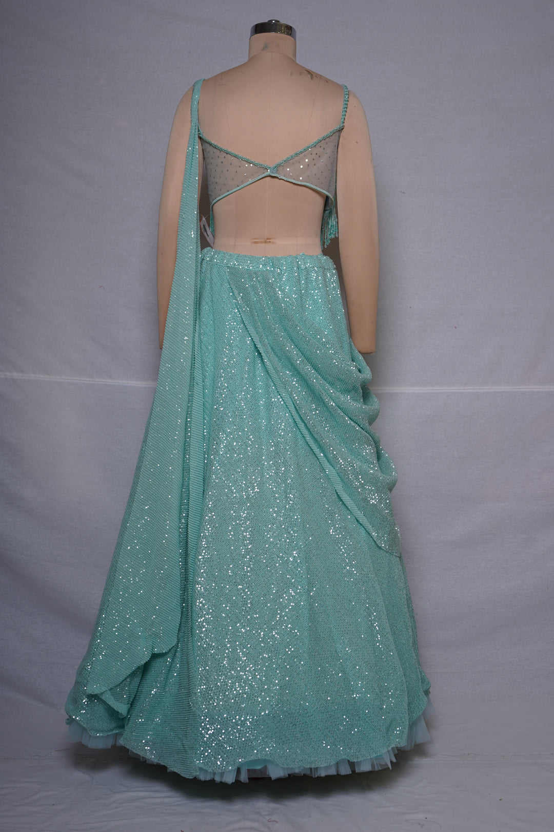Ice Blue Sequin Draped Lehenga with Fringe Blouse