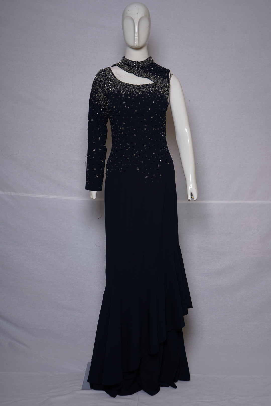 Midnight Navy Embellished One-Shoulder Designer Indo Western