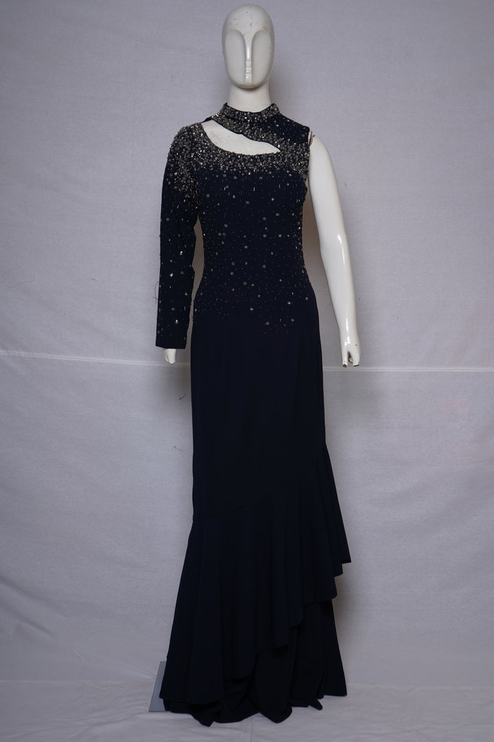 Midnight Navy Embellished One-Shoulder Designer Indo Western