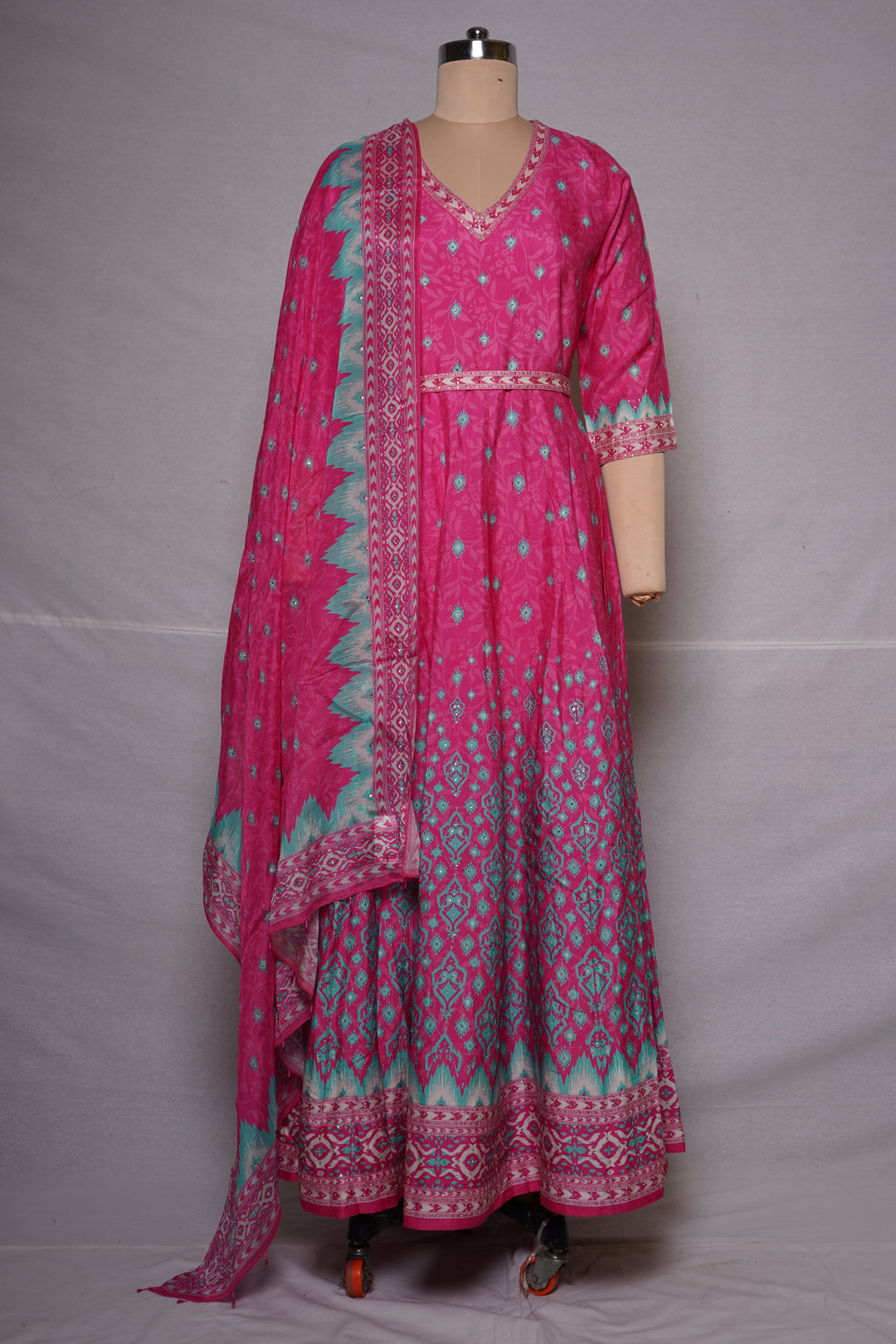 Rani Pink Ikat Inspired Anarkali Suit Set with Designer Dupatta