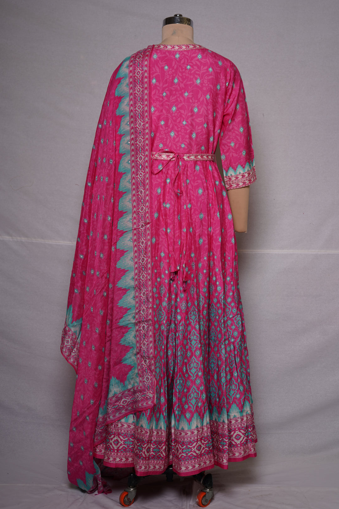 Rani Pink Ikat Inspired Anarkali Suit Set with Designer Dupatta
