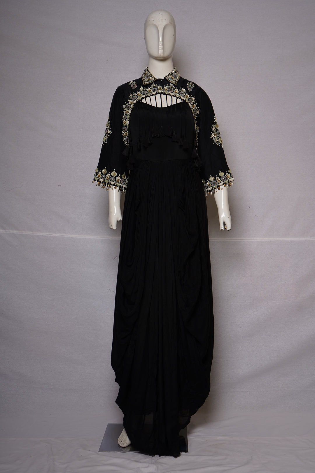Midnight Black Embroidered Cape Style Draped Dress