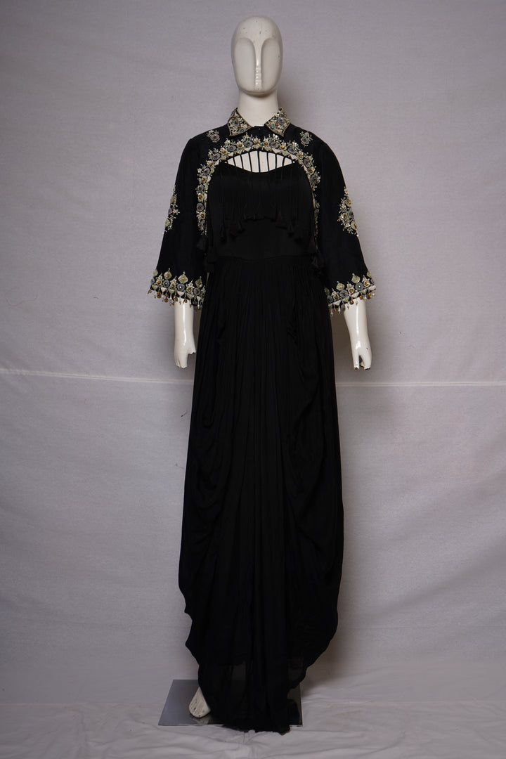 Midnight Black Embroidered Cape Style Draped Dress