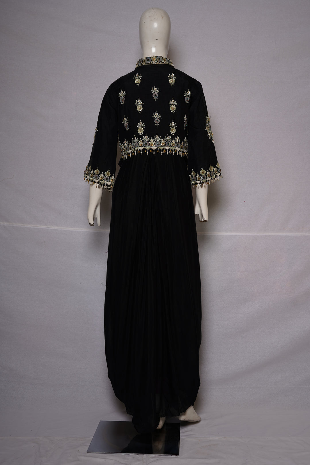 Midnight Black Embroidered Cape Style Draped Dress