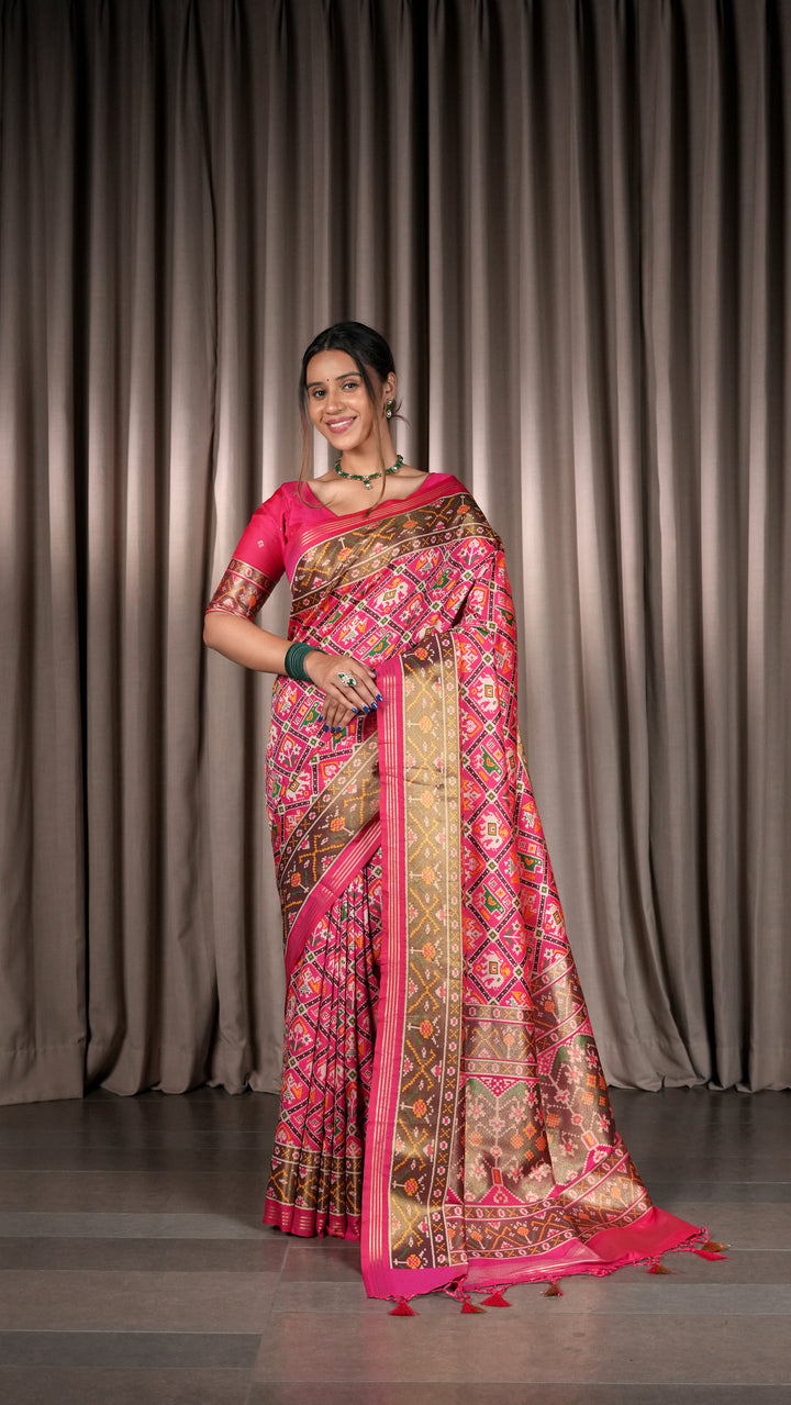 Premium Patola Silk Saree with Traditional Geometric Ikat Weaving & Contrast Blouse