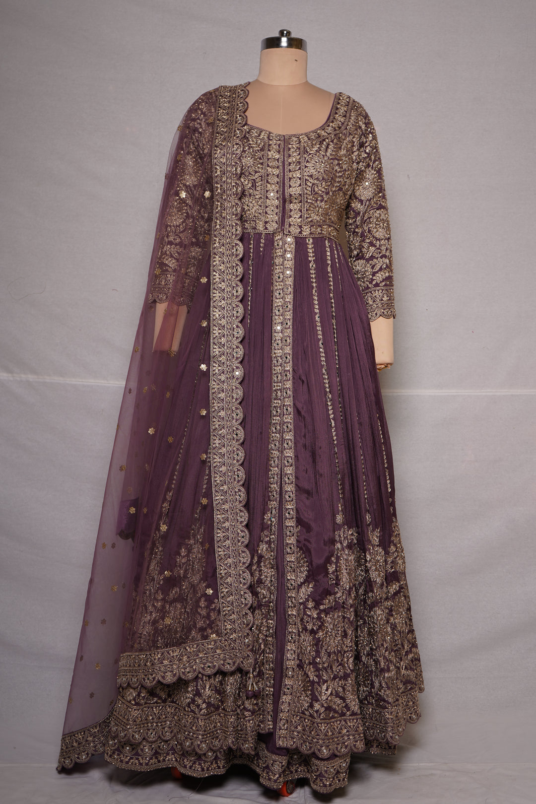 Royal Plum Embroidered Anarkali Gown with Designer Dupatta