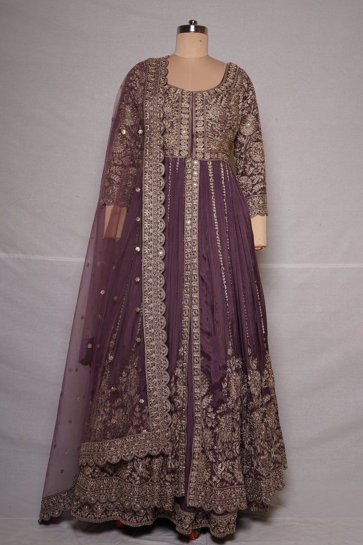 Royal Plum Embroidered Anarkali Gown with Designer Dupatta