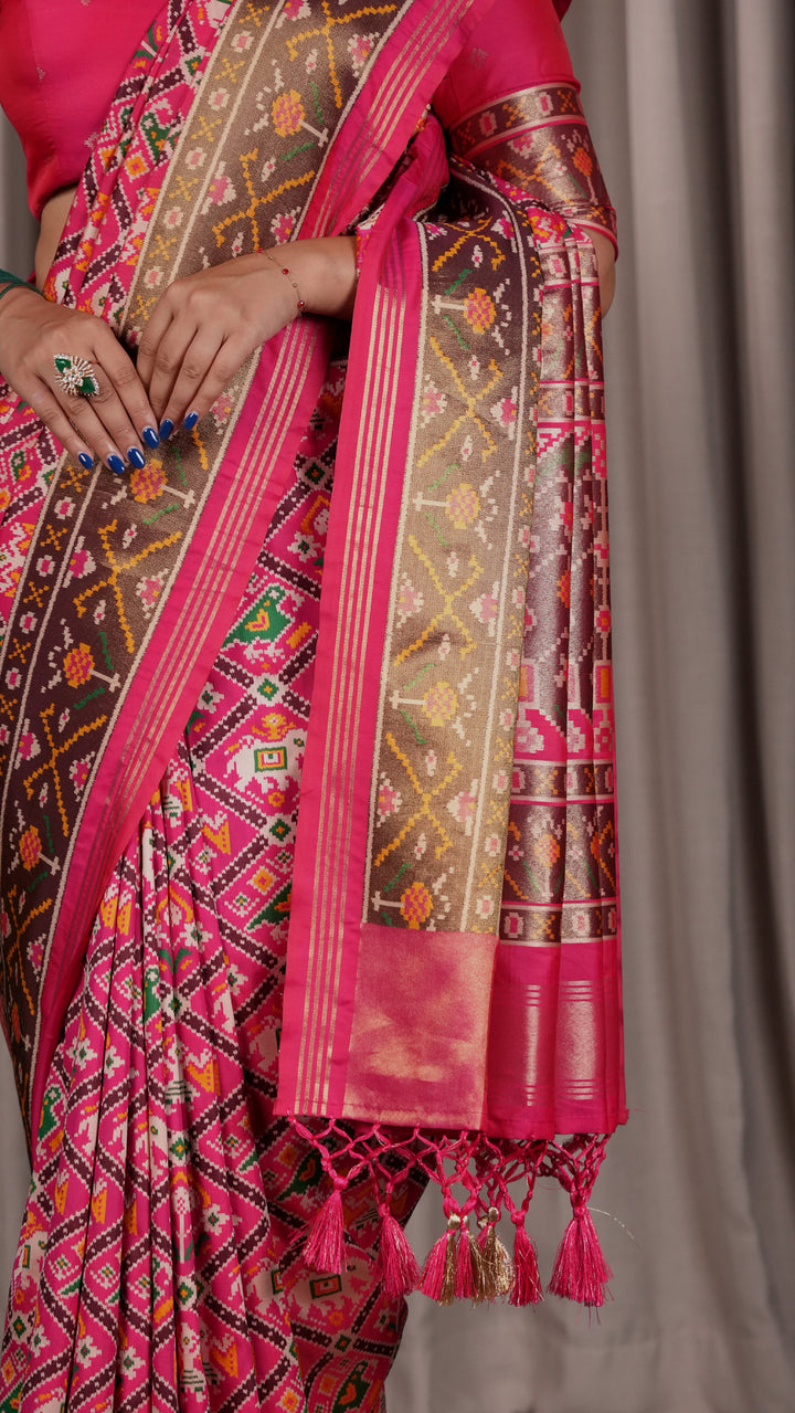 Premium Patola Silk Saree with Traditional Geometric Ikat Weaving & Contrast Blouse