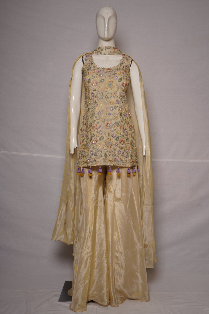 Ivory Floral Embroidered Kurta with Palazzo & Organza Dupatta Set