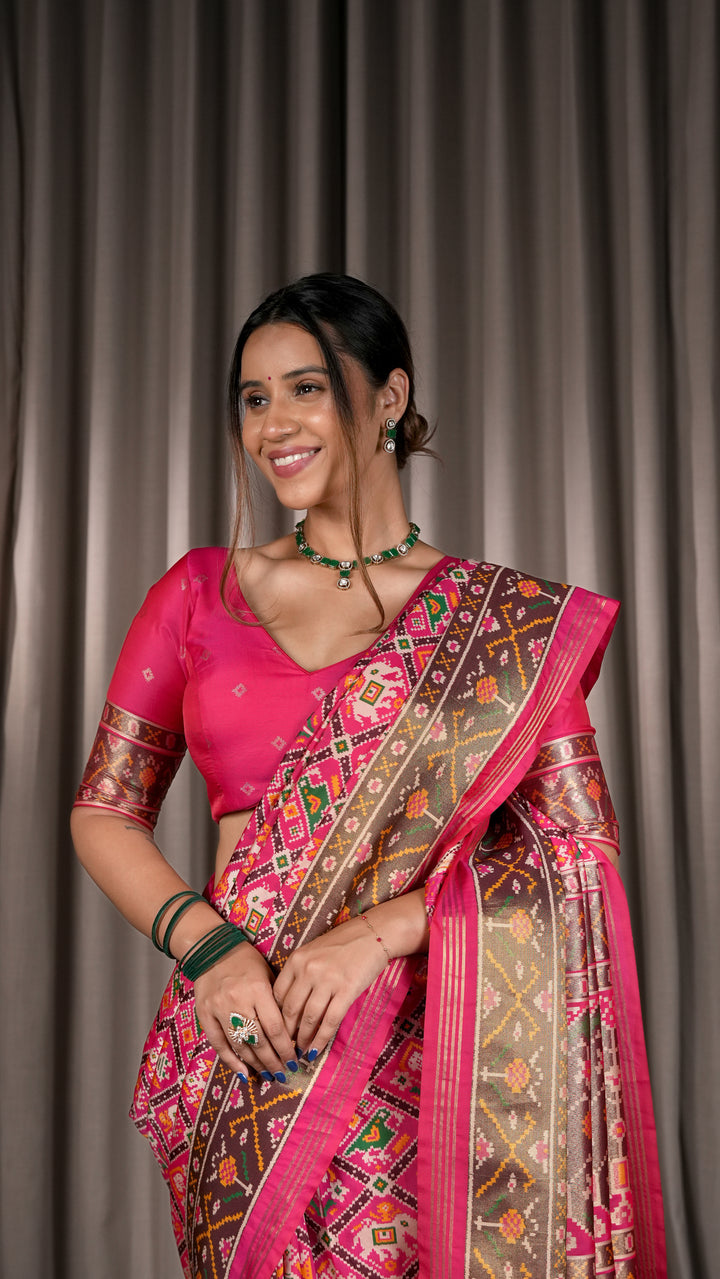 Premium Patola Silk Saree with Traditional Geometric Ikat Weaving & Contrast Blouse