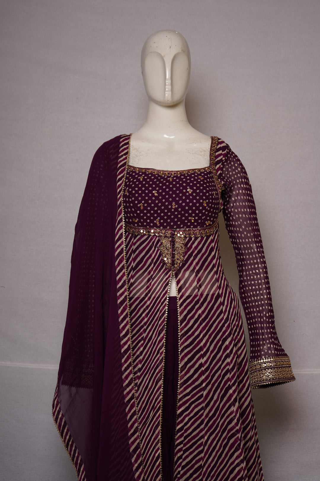 Royal Plum Leheriya Anarkali Kurta Set with Palazzo & Chiffon Dupatta