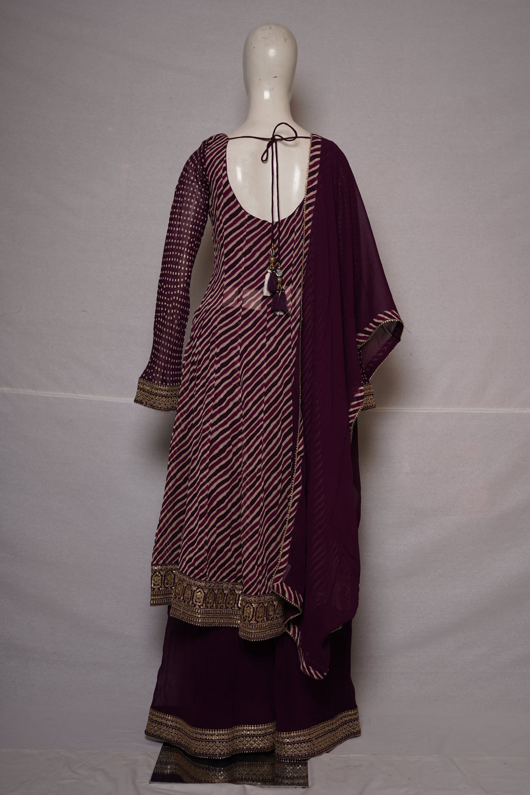 Royal Plum Leheriya Anarkali Kurta Set with Palazzo & Chiffon Dupatta