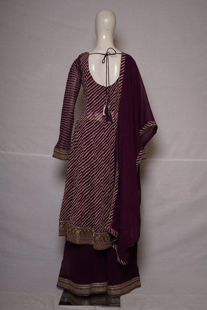 Royal Plum Leheriya Anarkali Kurta Set with Palazzo & Chiffon Dupatta