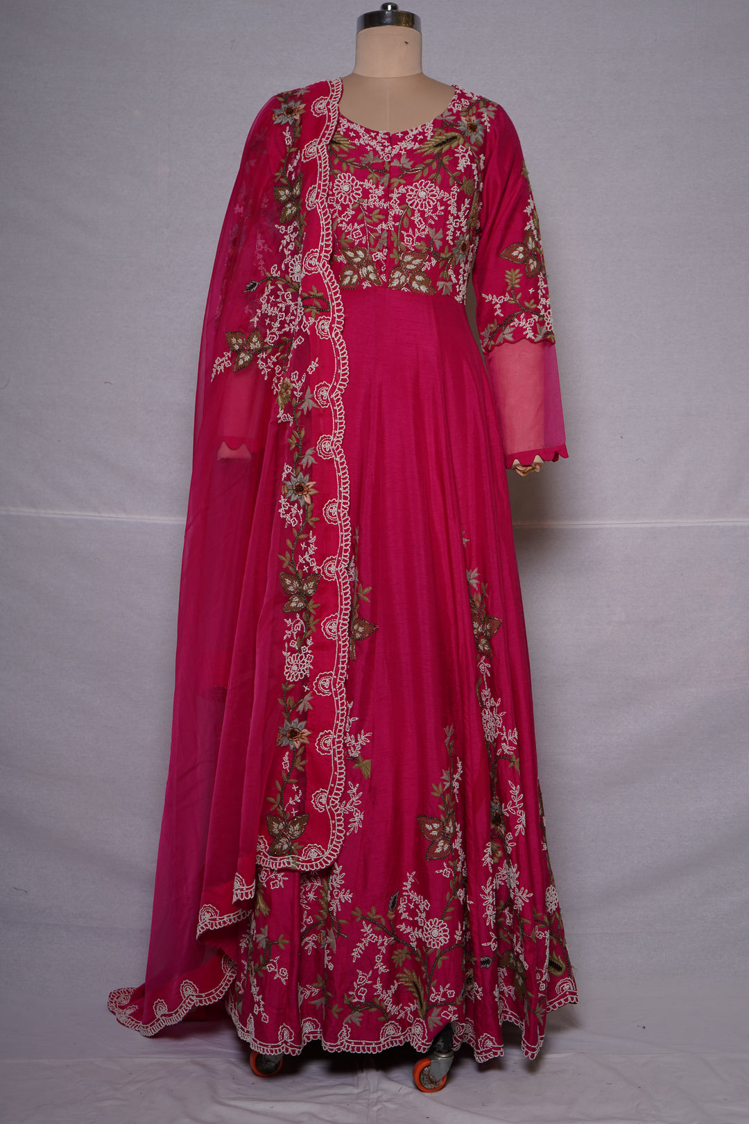Rani Pink Floral Embroidered Anarkali Gown with Organza Dupatta