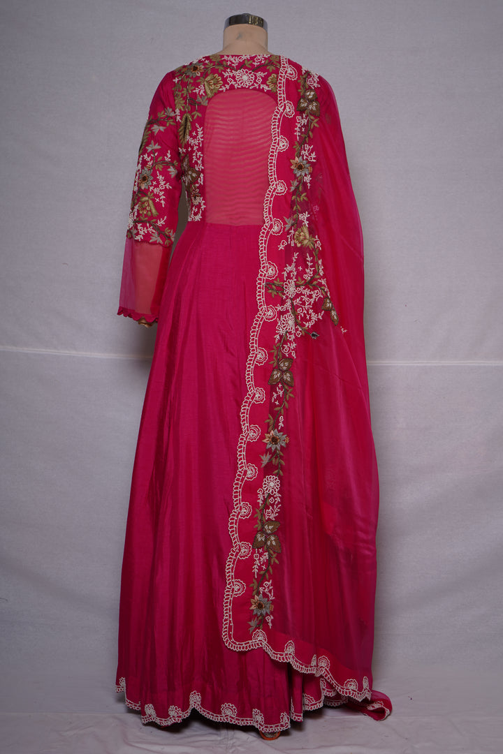 Rani Pink Floral Embroidered Anarkali Gown with Organza Dupatta