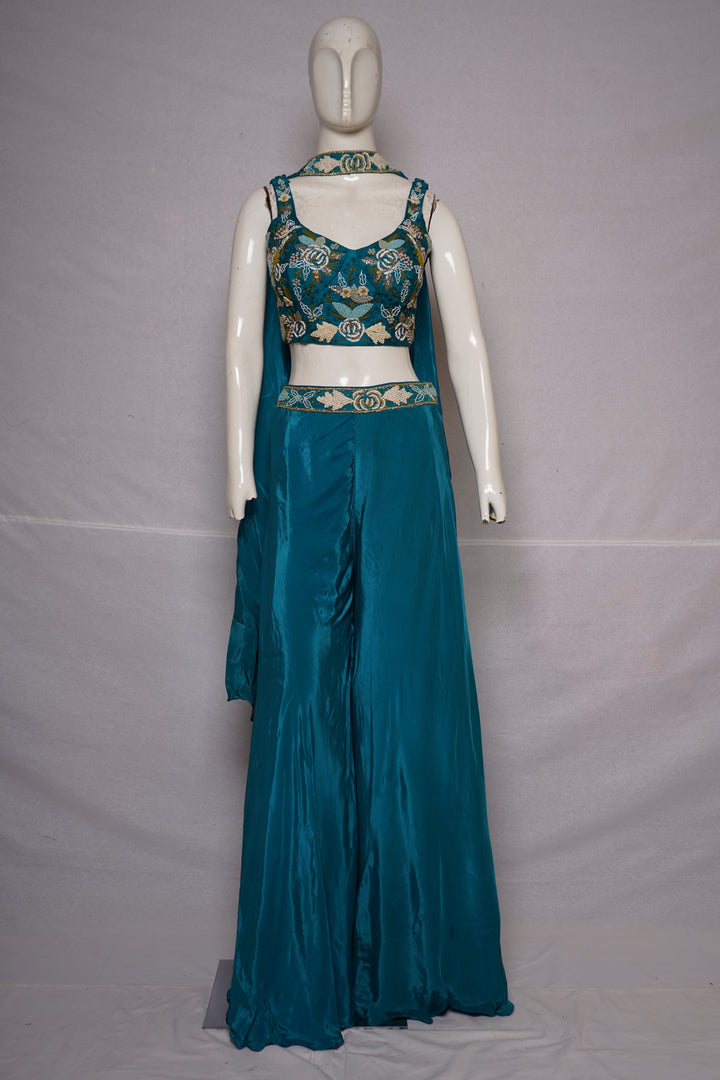 Teal Blue Embroidered Crop Top with Palazzo Pants & Cape Dupatta Set