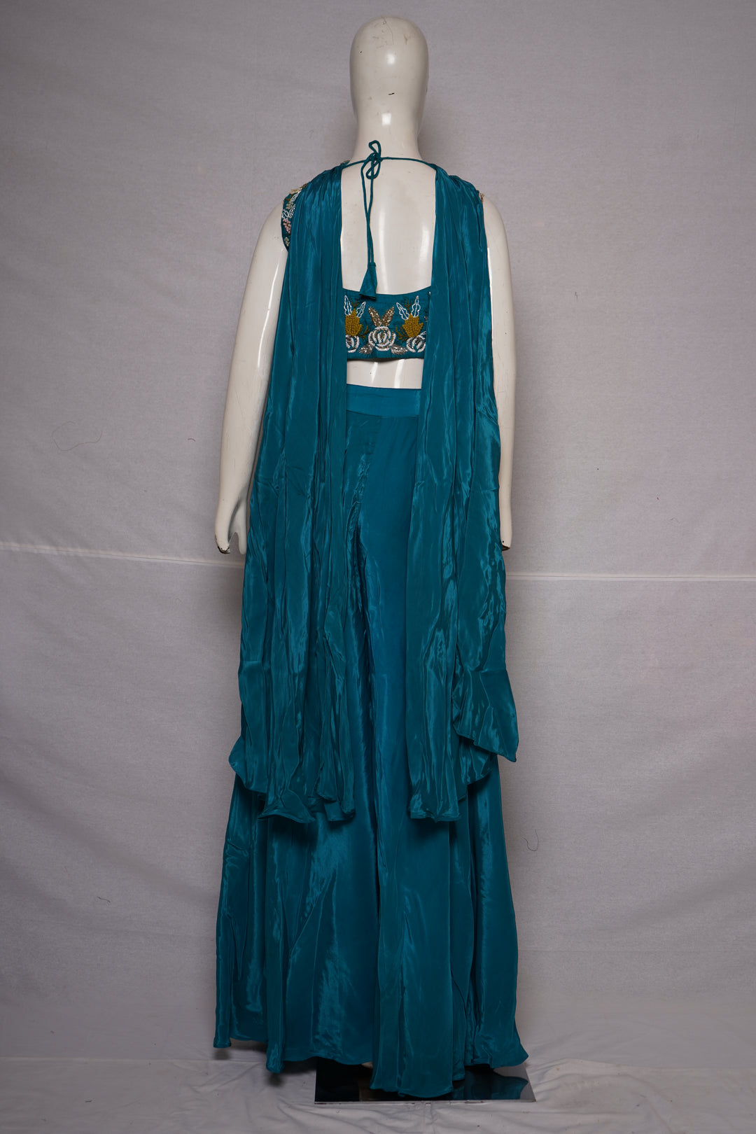 Teal Blue Embroidered Crop Top with Palazzo Pants & Cape Dupatta Set